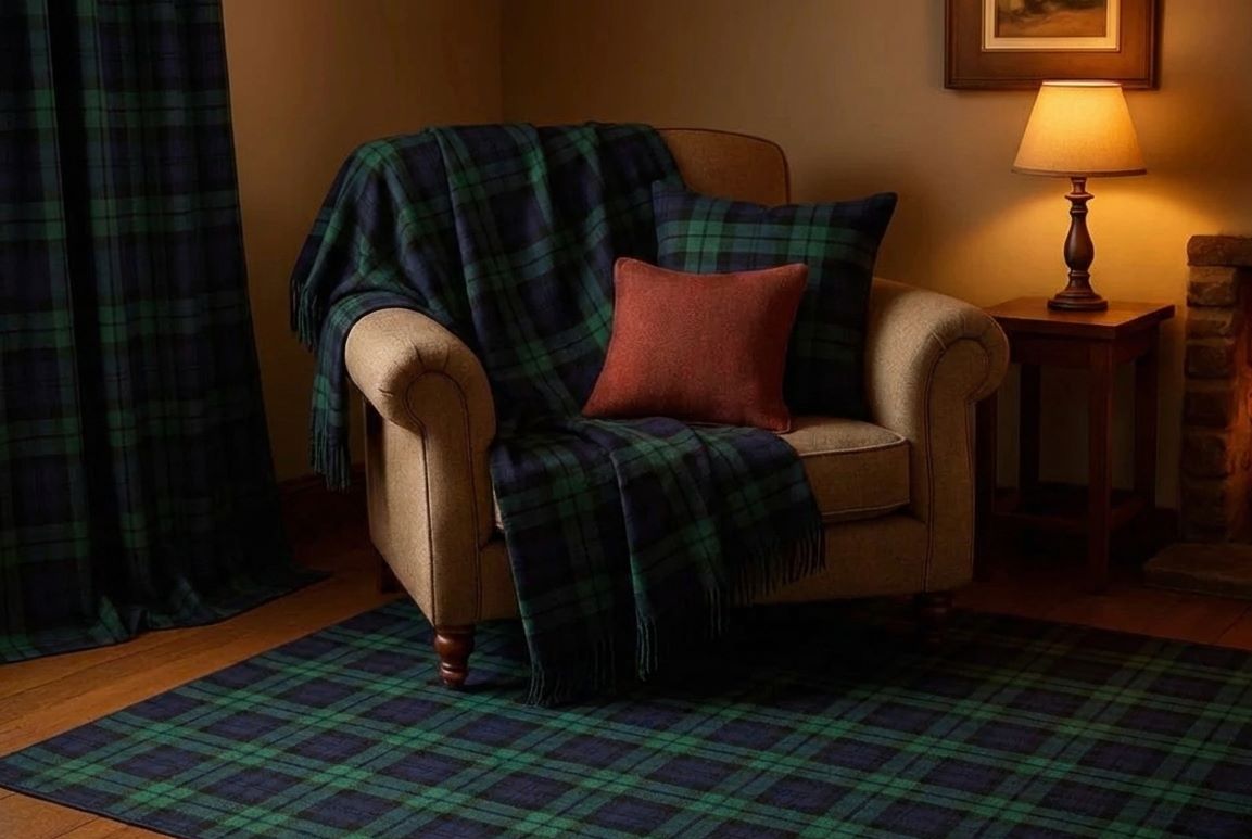 Cozy living room with a plaid blanket and pillow on an armchair, lamp, and fireplace.