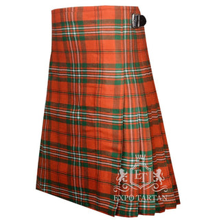 Men's Scott Red Tartan Kilt showing traditional knife pleats and black leather side straps in a vibrant red sett, intricately intersected by forest green bands and crisp white overchecks