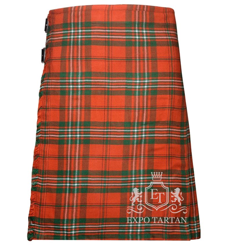 Men's Scott Red Tartan Kilt showing traditional knife pleats and black leather side straps in a vibrant red sett, intricately intersected by forest green bands and crisp white overchecks