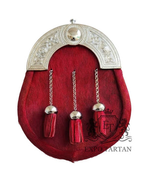 Scottish Handmade Full Dress Sporran Red Calfskin Silver Chrome Celtic Cantle