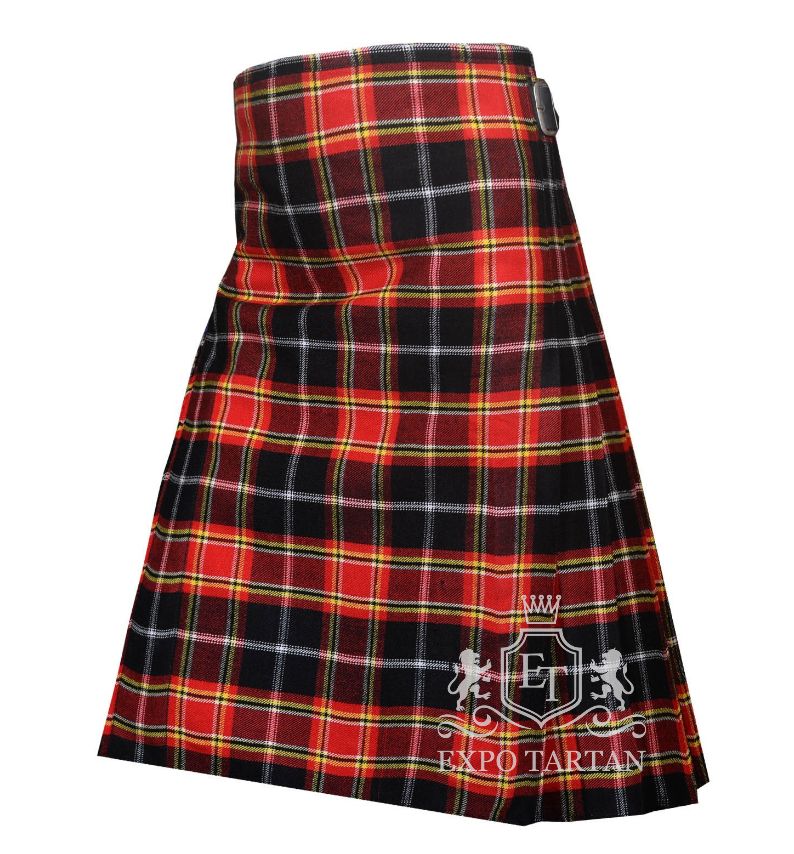 Men's Sens Modern Tartan Kilt showing traditional knife pleats and black leather side straps in a vibrant red and black sett, intricately intersected by bright yellow and crisp white grid overchecks