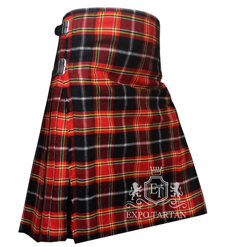 Men's Sens Modern Tartan Kilt showing traditional knife pleats and black leather side straps in a vibrant red and black sett, intricately intersected by bright yellow and crisp white grid overchecks