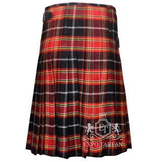 Men's Sens Modern Tartan Kilt showing traditional knife pleats and black leather side straps in a vibrant red and black sett, intricately intersected by bright yellow and crisp white grid overchecks