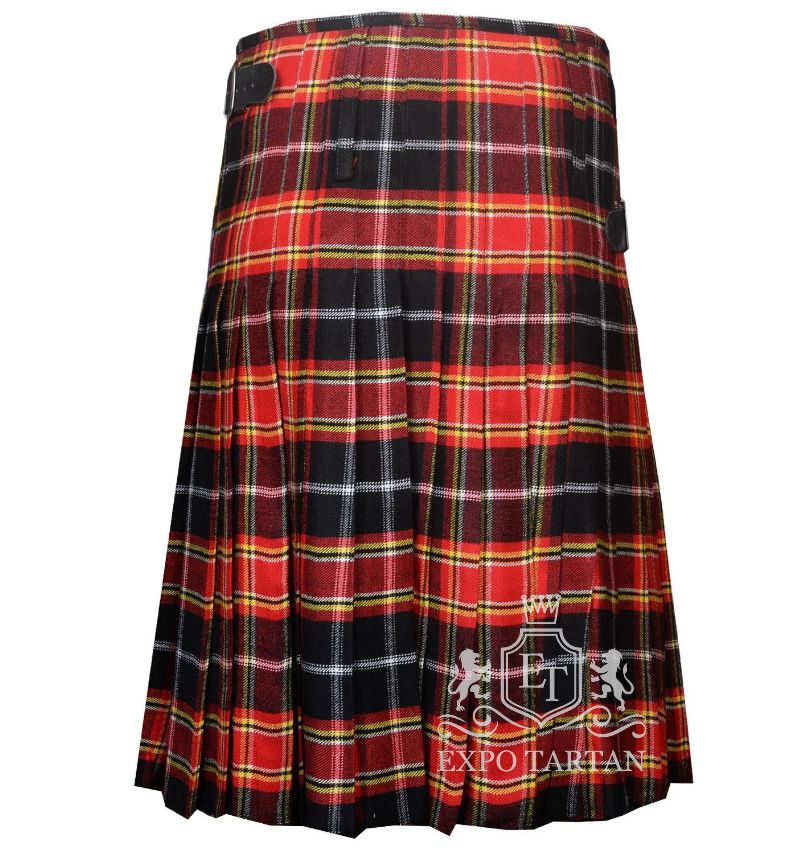 Men's Sens Modern Tartan Kilt showing traditional knife pleats and black leather side straps in a vibrant red and black sett, intricately intersected by bright yellow and crisp white grid overchecks