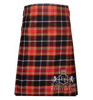 Men's Sens Modern Tartan Kilt showing traditional knife pleats and black leather side straps in a vibrant red and black sett, intricately intersected by bright yellow and crisp white grid overchecks