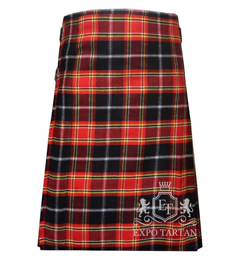 Men's Sens Modern Tartan Kilt showing traditional knife pleats and black leather side straps in a vibrant red and black sett, intricately intersected by bright yellow and crisp white grid overchecks