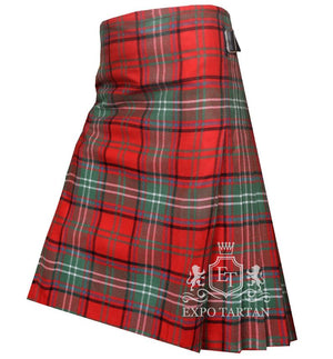 Men's Seton Modern Tartan Kilt showing traditional knife pleats and black leather side straps in a bright red sett, intricately intersected by dark green bands and crisp white overcheck