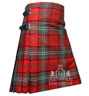 Men's Seton Modern Tartan Kilt showing traditional knife pleats and black leather side straps in a bright red sett, intricately intersected by dark green bands and crisp white overcheck