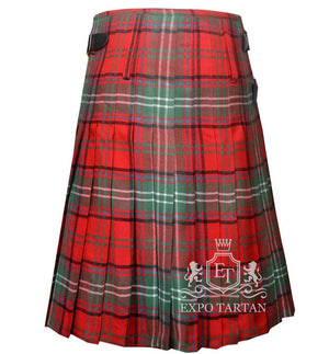 Men's Seton Modern Tartan Kilt showing traditional knife pleats and black leather side straps in a bright red sett, intricately intersected by dark green bands and crisp white overcheck