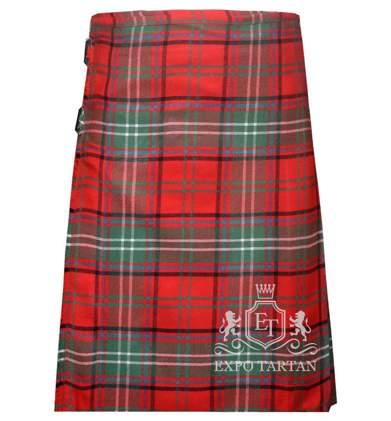Men's Seton Modern Tartan Kilt showing traditional knife pleats and black leather side straps in a bright red sett, intricately intersected by dark green bands and crisp white overcheck