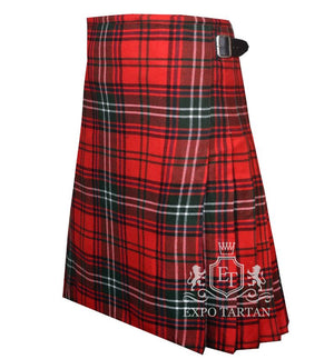 Men's Seton Modern Tartan Kilt showing traditional knife pleats and black leather side straps in a bright red sett, intricately intersected by dark green bands and crisp white overchecks