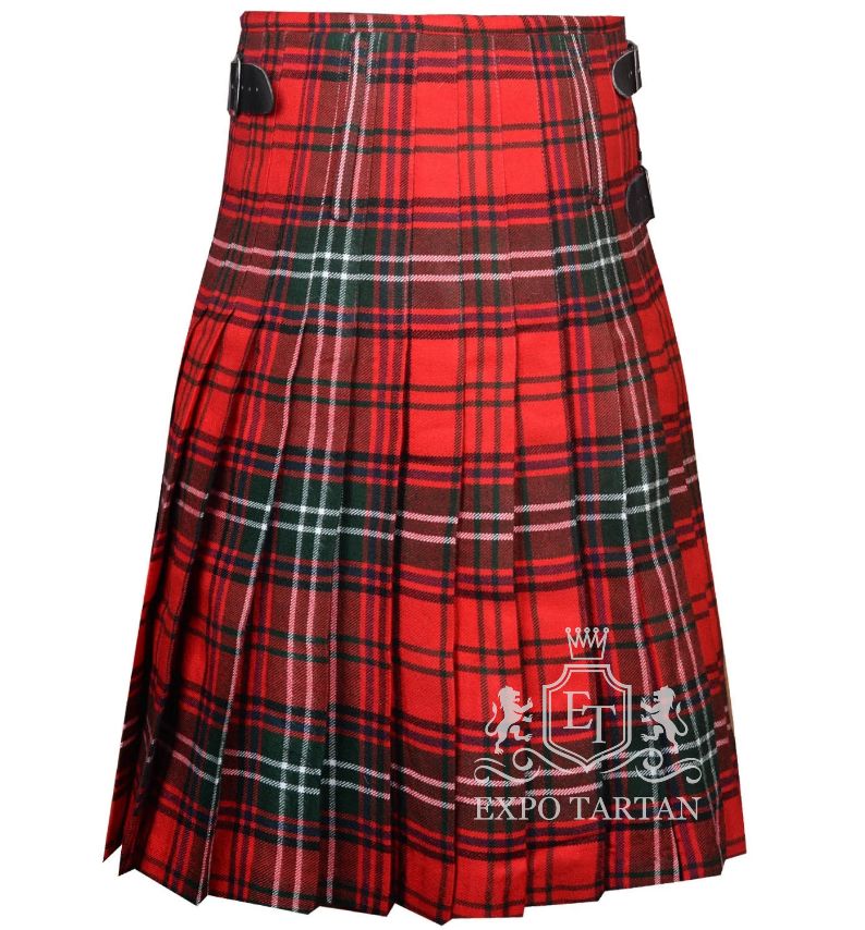 Men's Seton Modern Tartan Kilt showing traditional knife pleats and black leather side straps in a bright red sett, intricately intersected by dark green bands and crisp white overchecks
