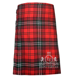 Men's Seton Modern Tartan Kilt showing traditional knife pleats and black leather side straps in a bright red sett, intricately intersected by dark green bands and crisp white overchecks