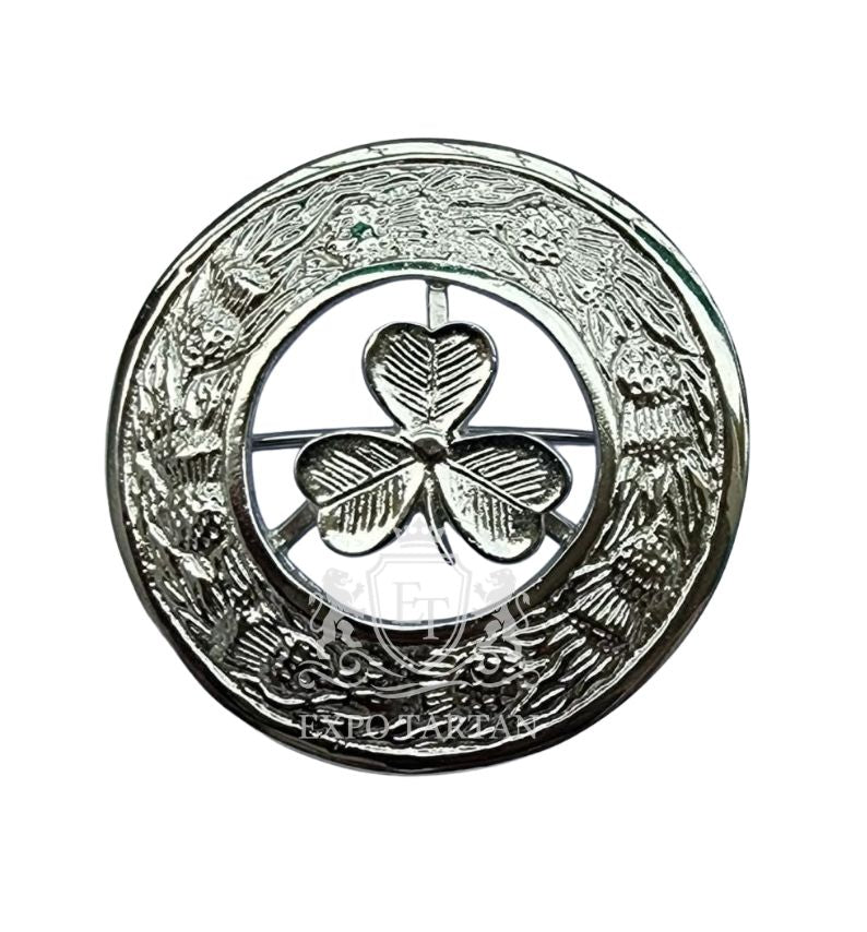 Shamrock Badge Silver Kilt Fly Plaid Brooch