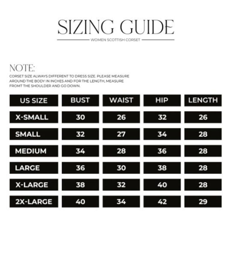 Bella Corset Size Guide