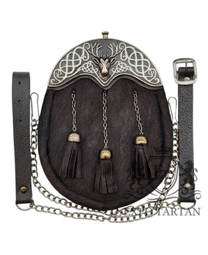 Stag Head Cantle Black Calfskin Dress Kilt Sporran