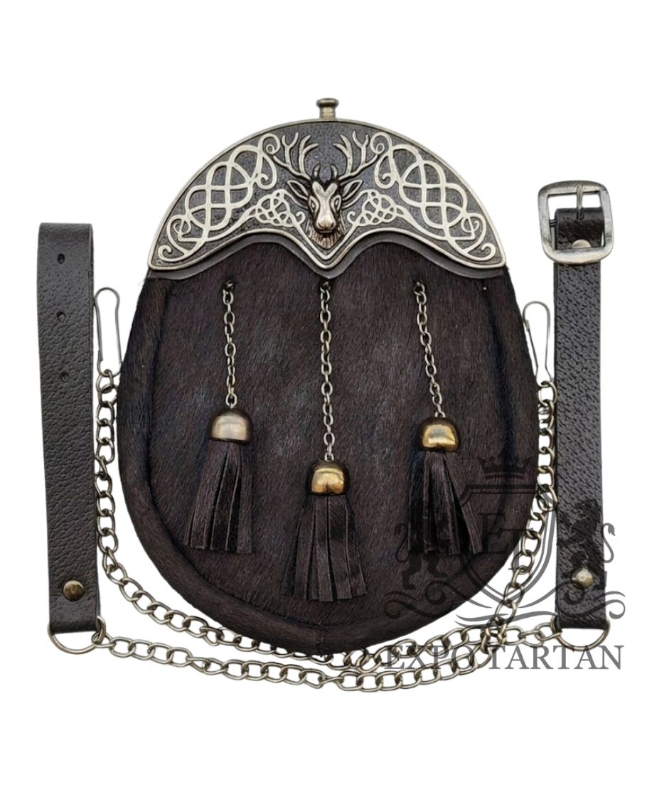 Stag Head Cantle Black Calfskin Dress Kilt Sporran