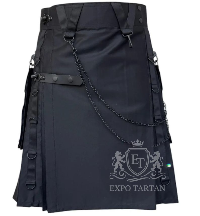 Steampunk Gothic Black Utility Kilt Heavy Cotton with Detachable Chains