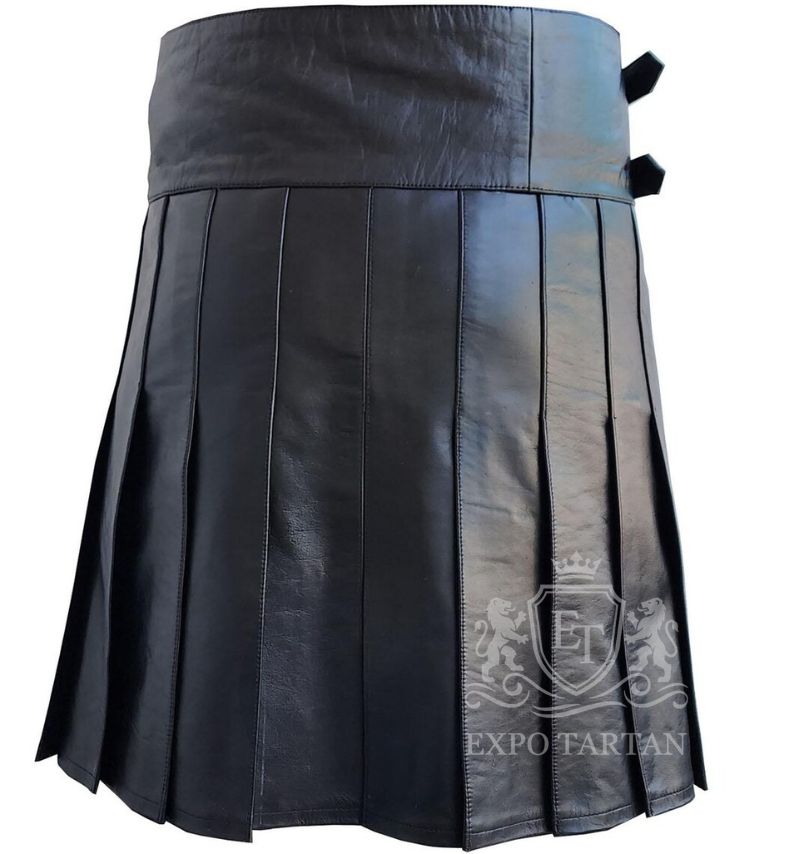 Traditional Black Leather Utility Kilt | Custom Made Scottish Highland Wear for Men | Handcrafted Celtic Kilt | Highland Games & Everyday Wear