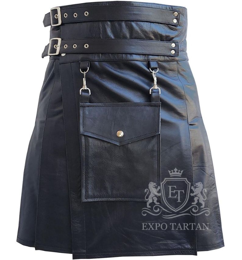 Traditional Black Leather Utility Kilt | Custom Made Scottish Highland Wear for Men | Handcrafted Celtic Kilt | Highland Games & Everyday Wear