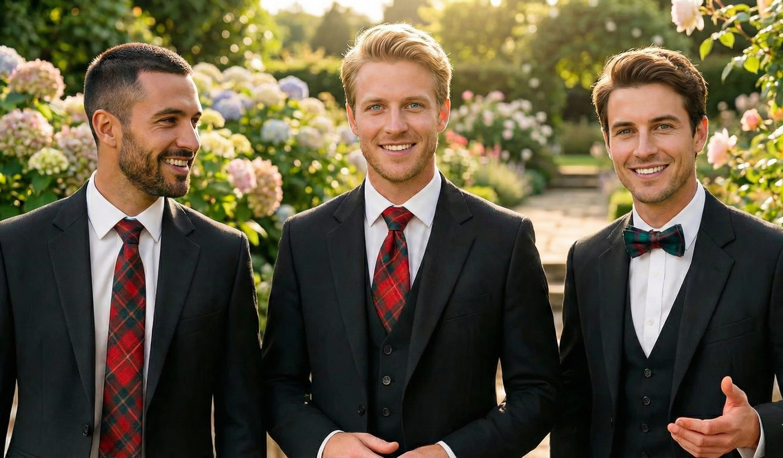 Three men in suits with plaid ties standing outdoors in a garden.