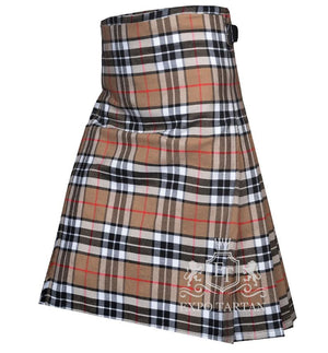 Men's Thomson Camel Tartan Kilt showing traditional knife pleats and leather side straps in a warm camel sett, intricately intersected by black and white bands and fine red overchecks