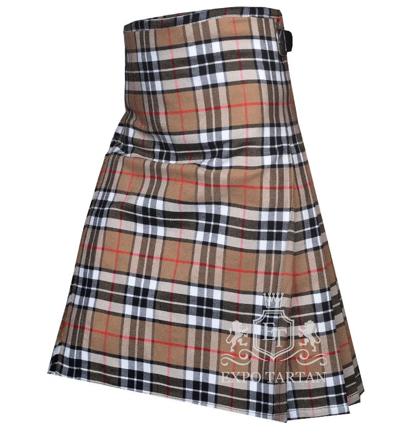 Men's Thomson Camel Tartan Kilt showing traditional knife pleats and leather side straps in a warm camel sett, intricately intersected by black and white bands and fine red overchecks