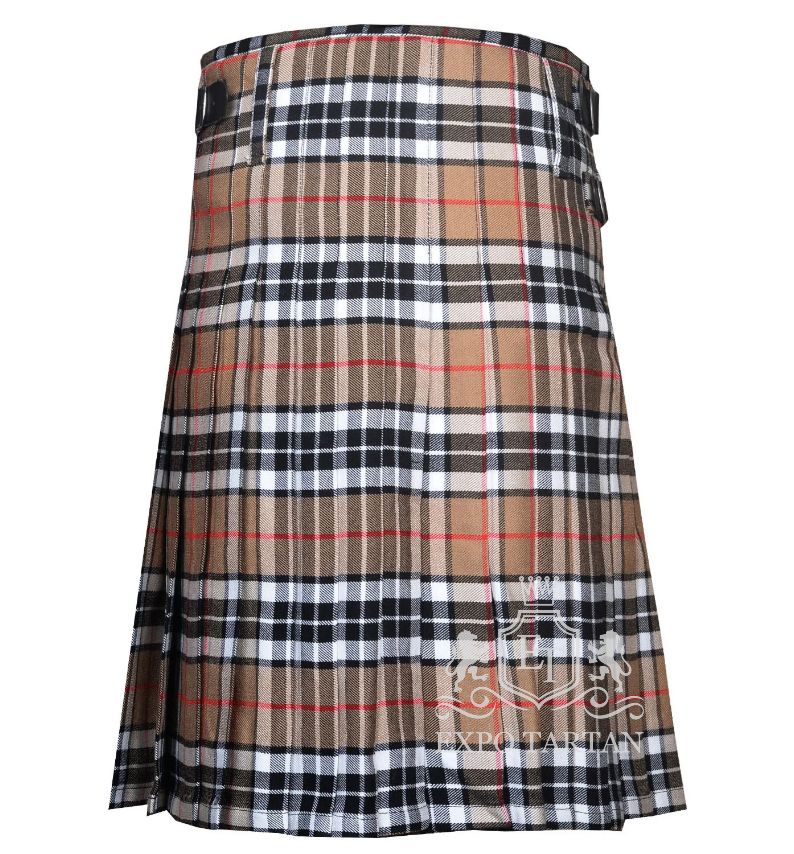 Men's Thomson Camel Tartan Kilt showing traditional knife pleats and leather side straps in a warm camel sett, intricately intersected by black and white bands and fine red overchecks