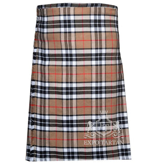 Men's Thomson Camel Tartan Kilt showing traditional knife pleats and leather side straps in a warm camel sett, intricately intersected by black and white bands and fine red overchecks