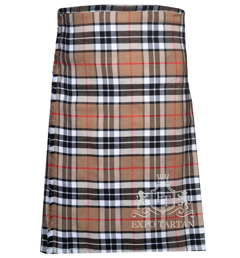 Men's Thomson Camel Tartan Kilt showing traditional knife pleats and leather side straps in a warm camel sett, intricately intersected by black and white bands and fine red overchecks