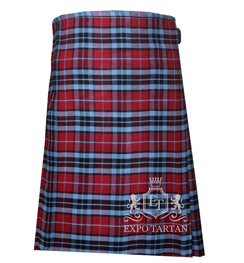 Men's Thomson Hunting Tartan Kilt showing traditional knife pleats and black leather side straps in a red sett, intricately intersected by black bands and light blue overchecks