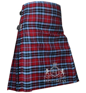 Men's Thomson Hunting Tartan Kilt showing traditional knife pleats and black leather side straps in a red sett, intricately intersected by black bands and light blue overchecks