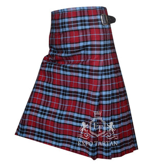 Men's Thomson Hunting Tartan Kilt showing traditional knife pleats and black leather side straps in a red sett, intricately intersected by black bands and light blue overchecks