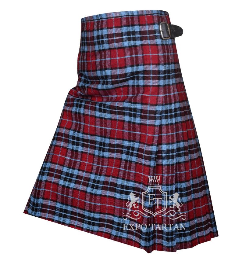 Men's Thomson Hunting Tartan Kilt showing traditional knife pleats and black leather side straps in a red sett, intricately intersected by black bands and light blue overchecks
