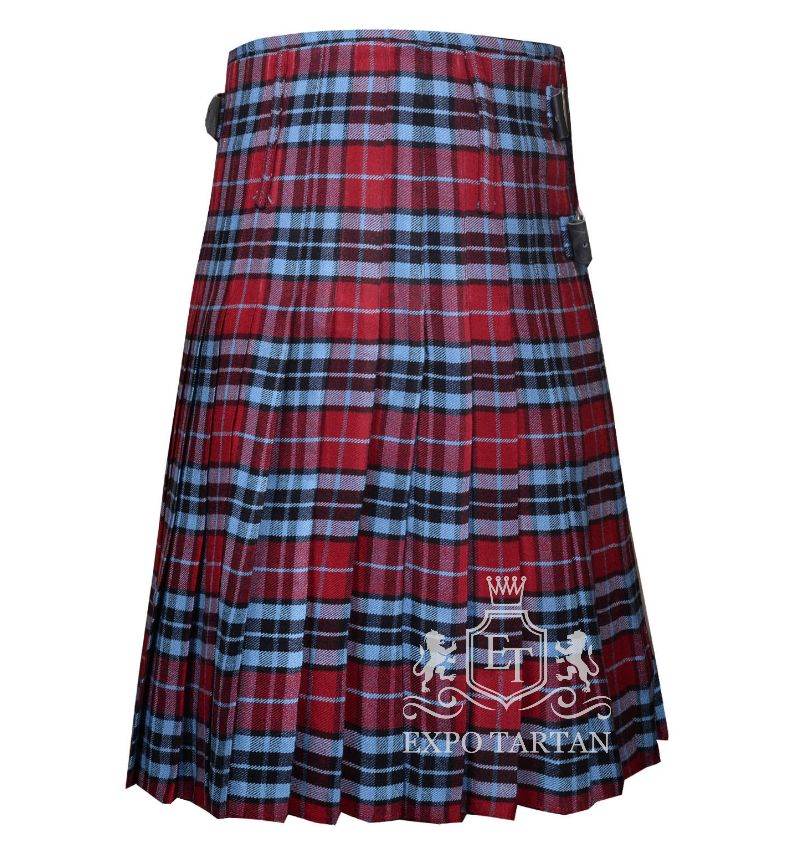 Men's Thomson Hunting Tartan Kilt showing traditional knife pleats and black leather side straps in a red sett, intricately intersected by black bands and light blue overchecks