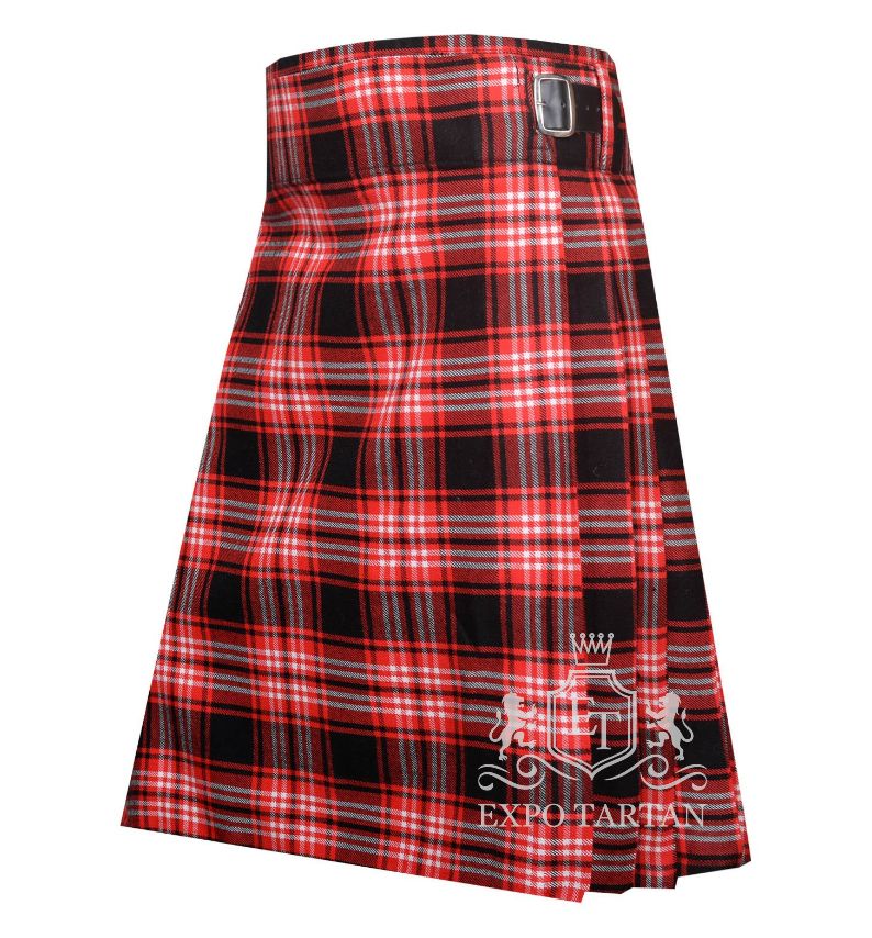 Men's Tweedside Modern Tartan Kilt showing traditional knife pleats and black leather side straps in a vibrant red and black sett, intricately intersected by crisp white grid overchecks