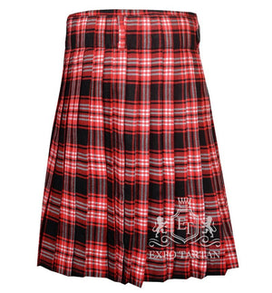 Men's Tweedside Modern Tartan Kilt showing traditional knife pleats and black leather side straps in a vibrant red and black sett, intricately intersected by crisp white grid overchecks
