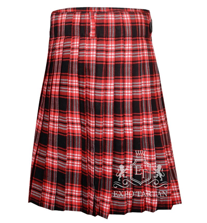 Men's Tweedside Modern Tartan Kilt showing traditional knife pleats and black leather side straps in a vibrant red and black sett, intricately intersected by crisp white grid overchecks