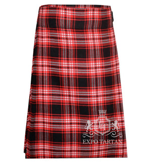 Men's Tweedside Modern Tartan Kilt showing traditional knife pleats and black leather side straps in a vibrant red and black sett, intricately intersected by crisp white grid overchecks