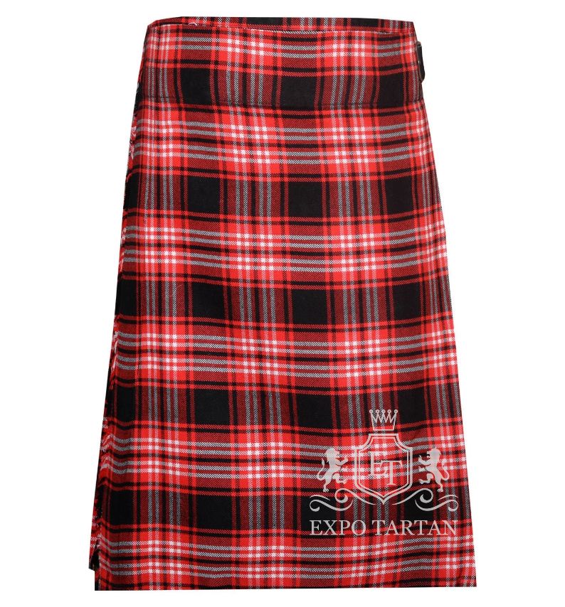 Men's Tweedside Modern Tartan Kilt showing traditional knife pleats and black leather side straps in a vibrant red and black sett, intricately intersected by crisp white grid overchecks