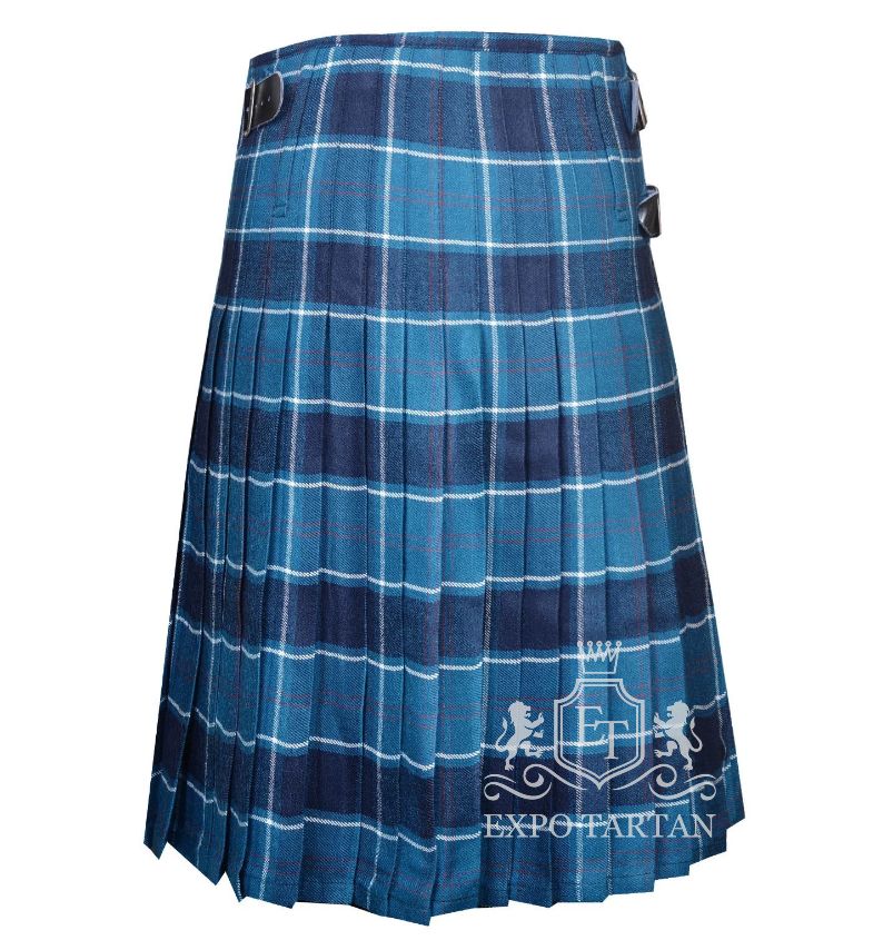 Men's U.S. Navy Tartan Kilt showing traditional knife pleats and leather side straps in a maritime blue and navy sett, intersected by crisp white grid lines and subtle red overchecks.