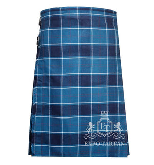 Men's U.S. Navy Tartan Kilt showing traditional knife pleats and leather side straps in a maritime blue and navy sett, intersected by crisp white grid lines and subtle red overchecks