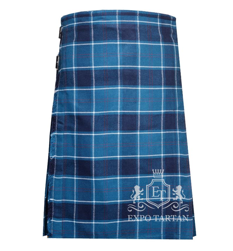 Men's U.S. Navy Tartan Kilt showing traditional knife pleats and leather side straps in a maritime blue and navy sett, intersected by crisp white grid lines and subtle red overchecks