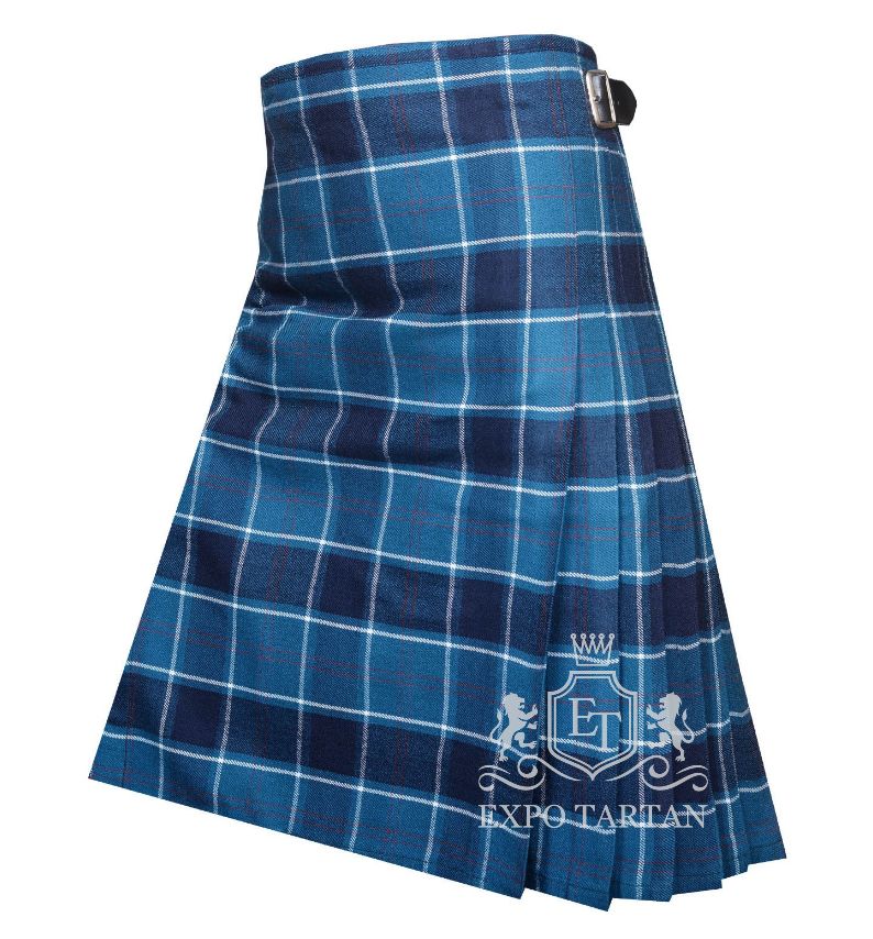 Men's U.S. Navy Tartan Kilt showing traditional knife pleats and leather side straps in a maritime blue and navy sett, intersected by crisp white grid lines and subtle red overchecks.