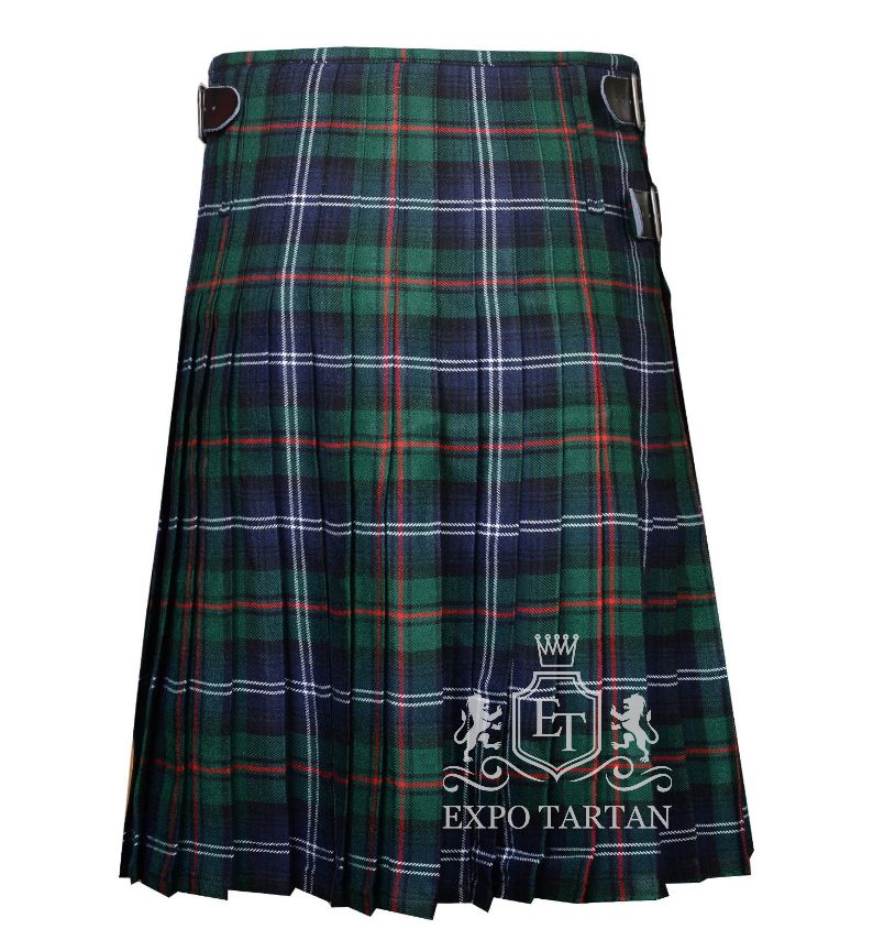 Men's Urquhart Modern Tartan Kilt showing traditional knife pleats and black leather side straps in a green and dark navy sett, intricately intersected by bright red and crisp white overcheck