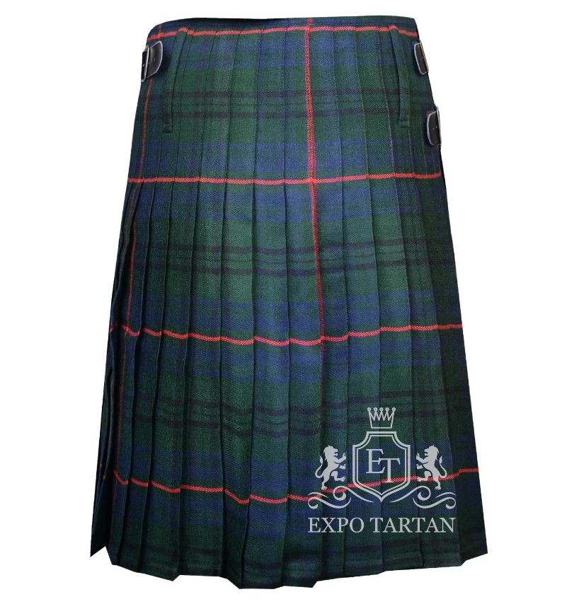 Men's Walker Hunting Tartan Kilt showing traditional knife pleats and leather side straps in a forest green and navy blue sett, intersected by dark lines and bright red overcheck
