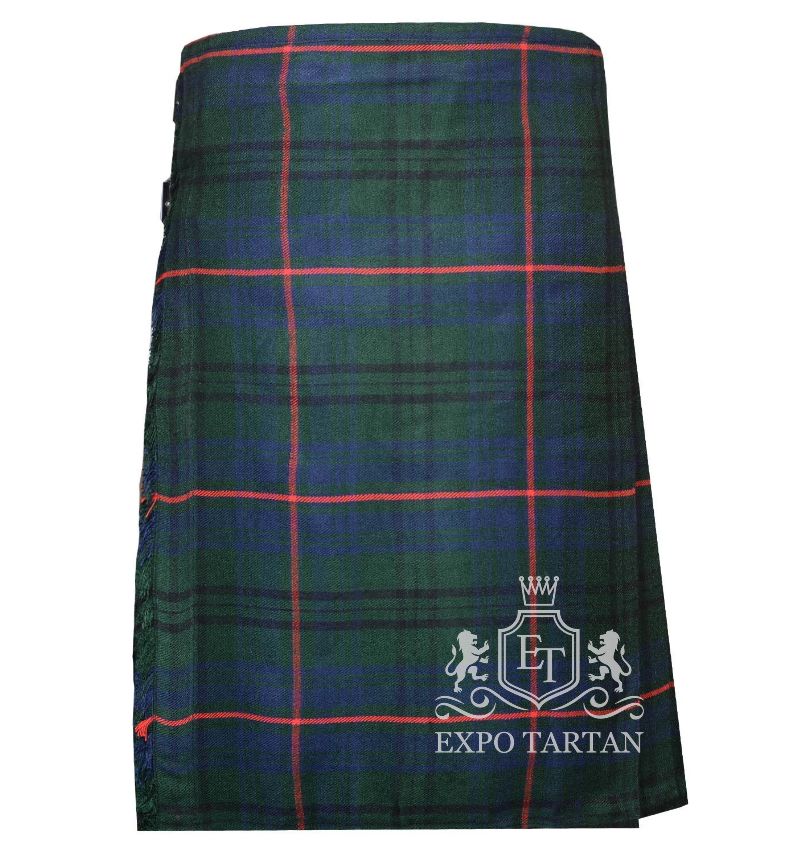 Men's Walker Hunting Tartan Kilt showing traditional knife pleats and leather side straps in a forest green and navy blue sett, intersected by dark lines and bright red overcheck