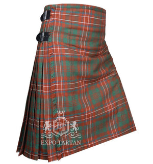 Men's Wilson Ancient Tartan Kilt showing traditional knife pleats and side straps in a weathered red and green sett, intricately intersected by blue and crisp white overchecks