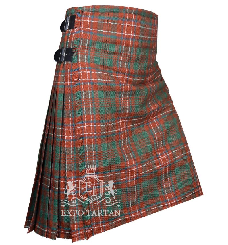 Men's Wilson Ancient Tartan Kilt showing traditional knife pleats and side straps in a weathered red and green sett, intricately intersected by blue and crisp white overchecks