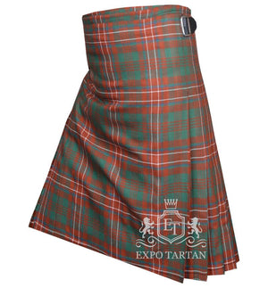 Men's Wilson Ancient Tartan Kilt showing traditional knife pleats and side straps in a weathered red and green sett, intricately intersected by blue and crisp white overchecks